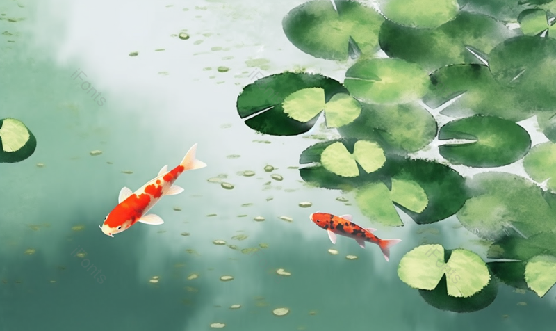 田园风光绿色夏季池塘里荷叶和一群锦鲤背景,插画/手绘图,插画/手绘图库,插画/手绘图下载,插画/手绘